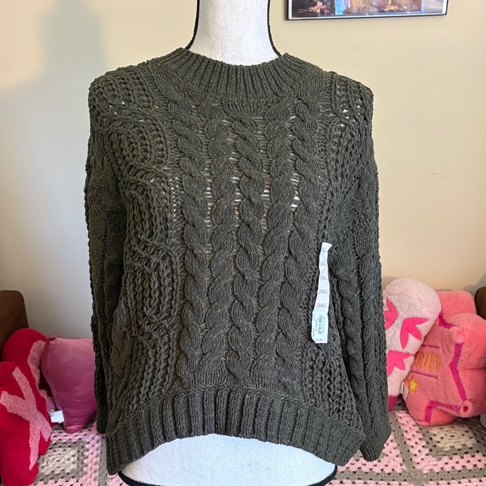SO Olive Green Cable Knit Crewneck Sweater